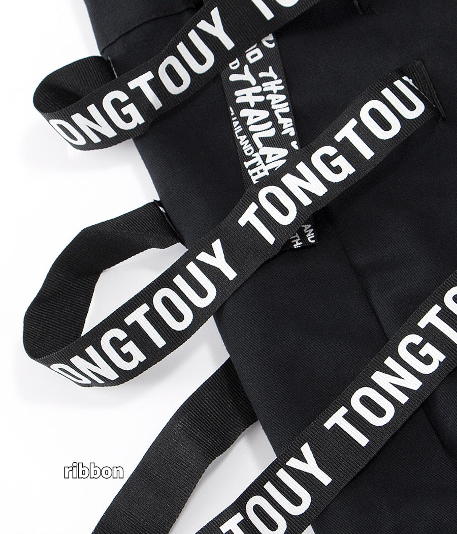 Black Cargo Pants Men Joggers Cargo Trousers for Men Jogging Japanese Streetwear Hip Hop Hippie Techwear Gothic Ribbon