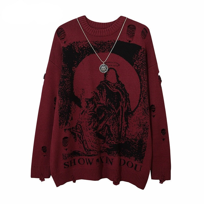 Harajuku Printed Knitwears Women Streetwear Hip Hop Destroyed Hole Ripped Pullovers Jumper Oversized Men