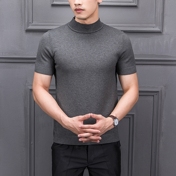 Brand New Autumn Men's Sweater Pure Color Semi-high Collar Knitting for Male Half-sleeved Sweaters Tops