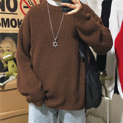 Winter Ribbed Pullovers Men Cozy Loose O-neck Solid Sweaters Couples Knitted Retro Warm Long Sleeve Korean Style Teens Jumpers