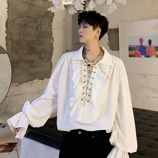Men Ruffle Shirts Blouse Tops Lace Up Retro Gothic Flare Sleeve Victorian White