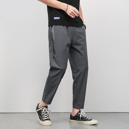 Korean Summer Men'S Thin Splicing 9-Point Pants Ice Silk Ventilation Trend Straight Tube Loose Elastic Legged Casual Trousers