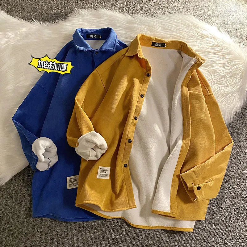 Corduroy Fleece Thicken Mens Autumn Winter Shirts Loose Warm Long Sleeve Casual Blouse Fashion Male Cardigan