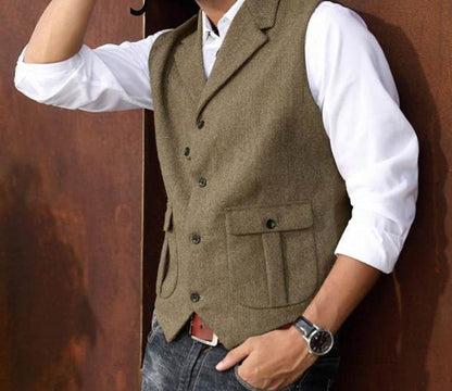 Men's 5 Button Herringbone Tweed Tailored Collar Suit Vest 2 Pockets Casual Victorian Style