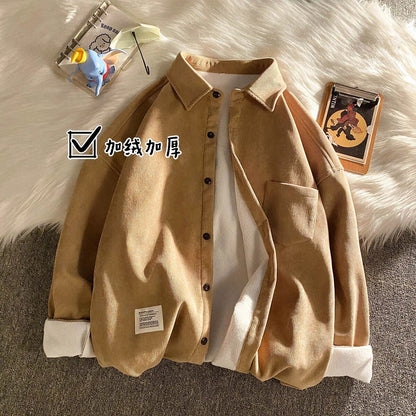Corduroy Fleece Thicken Mens Autumn Winter Shirts Loose Warm Long Sleeve Casual Blouse Fashion Male Cardigan