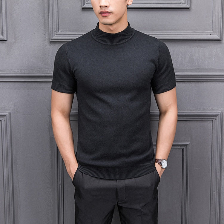 Brand New Autumn Men's Sweater Pure Color Semi-high Collar Knitting for Male Half-sleeved Sweaters Tops