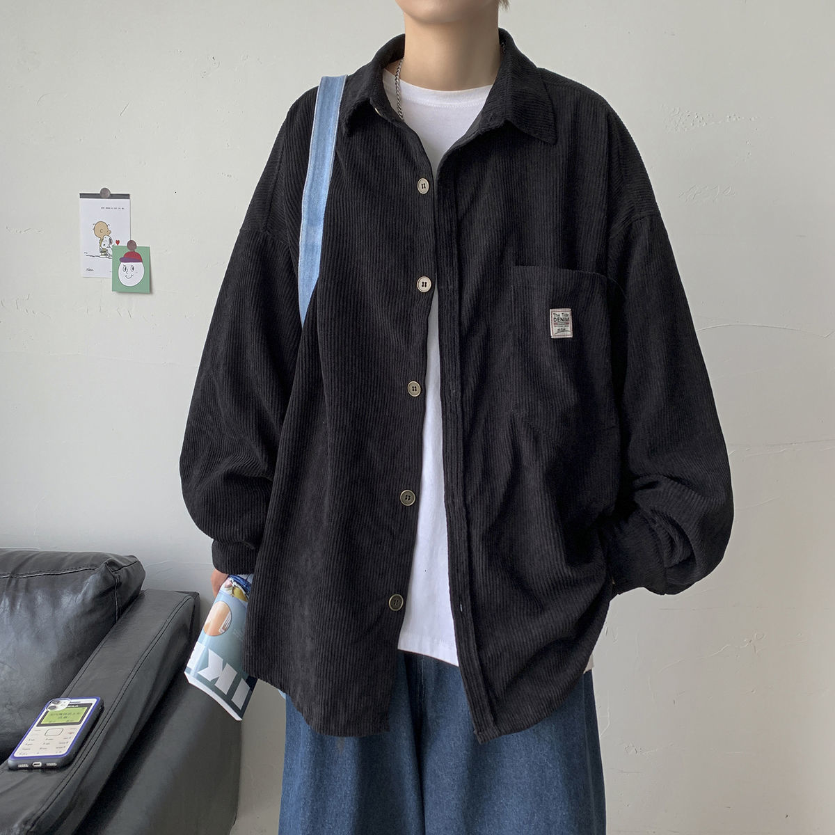 Men's Corduroy Long Sleeve Shirts Autumn Korean Shirt Unisex Fashion Casual Oversize Shirt Printed Clothing