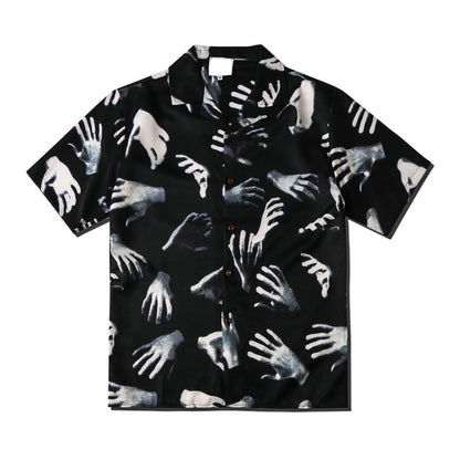 Harajuku Men Shirts Black Flower Print Short Sleeve Single Breasted Loose Shirt  Hip Hop Beach Casual Streetwear Unisex