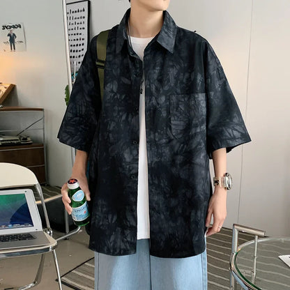 saferido HIP HOP Tie dyed ice silk 5-sleeve shirt men's spring summer ins design couple minority half sleeve drape shirt camisa masculina