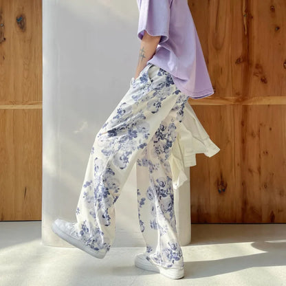 saferido Spring Summer Flower Pants Men's Fashion Printed Casual Pants Men Streetwear Loose Hip-hop Straight Wide-leg Pants Mens Trousers