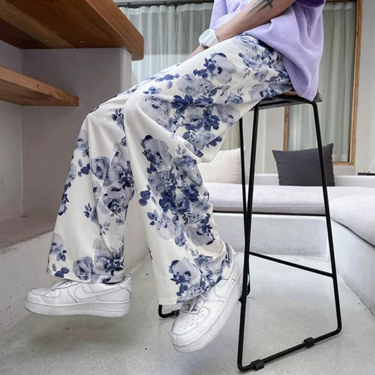 saferido Spring Summer Flower Pants Men's Fashion Printed Casual Pants Men Streetwear Loose Hip-hop Straight Wide-leg Pants Mens Trousers