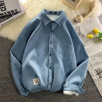 Corduroy Fleece Thicken Mens Autumn Winter Shirts Loose Warm Long Sleeve Casual Blouse Fashion Male Cardigan