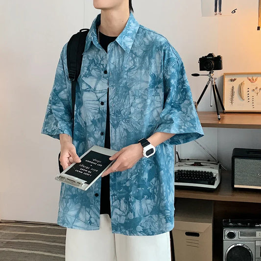 saferido HIP HOP Tie dyed ice silk 5-sleeve shirt men's spring summer ins design couple minority half sleeve drape shirt camisa masculina