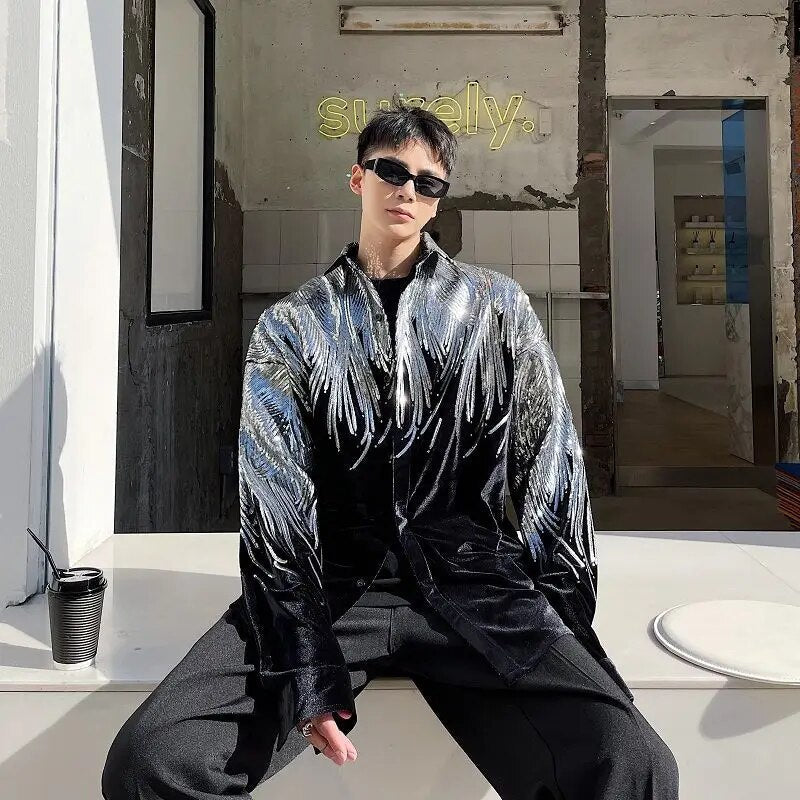 Embroidery Sequin Velvet Fashionable Temperament Men's Long Sleeve Shirts Lapel Personal Design Oversized Tops 9Y6658
