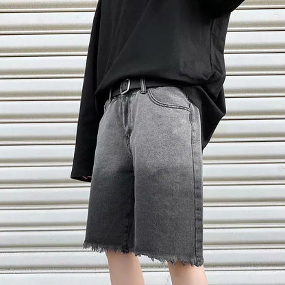 saferido Summer Gradient Denim Shorts Men's Fashion Retro Denim Shorts Mens Streetwear Korean Loose Hip-hop Straight Denim Shorts Men