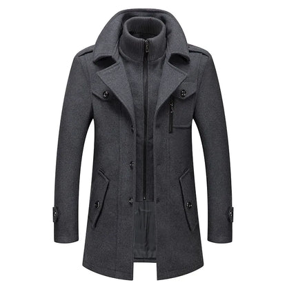 New Winter Wool Coat Men Fashion Double Collar Thick Jacket Single Breasted Trench Coat Men Casual Wool Blends Overcoats Men