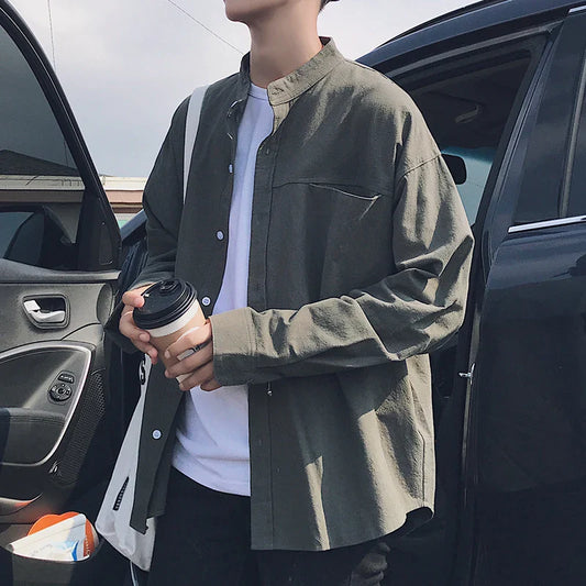 saferido Spring and autumn new pure color shirt, men's loose long sleeve shirt, Korean fashion, spring clothes, cool casual and versatile