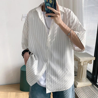 saferido Ruffian handsome black collared shirt men's summer casual loose Vertical Stripe shirt Short Sleeve Korean fashion handsome coat