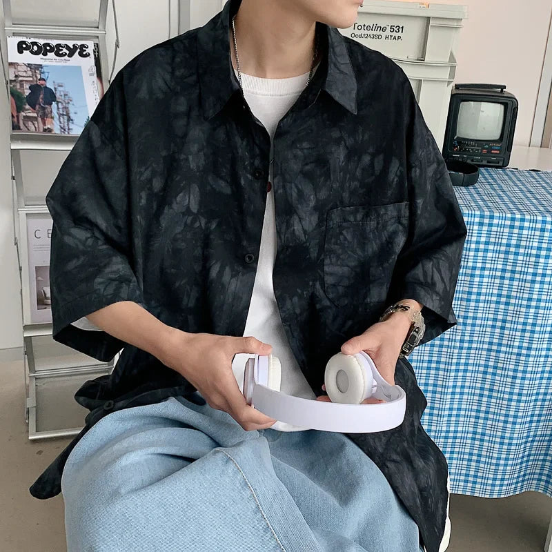 saferido HIP HOP Tie dyed ice silk 5-sleeve shirt men's spring summer ins design couple minority half sleeve drape shirt camisa masculina