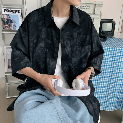 saferido HIP HOP Tie dyed ice silk 5-sleeve shirt men's spring summer ins design couple minority half sleeve drape shirt camisa masculina