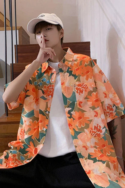 saferido shirt men's couple's Hawaiian Flower short sleeve coat fashion Korean summer quarter sleeve harajuku shirts for men