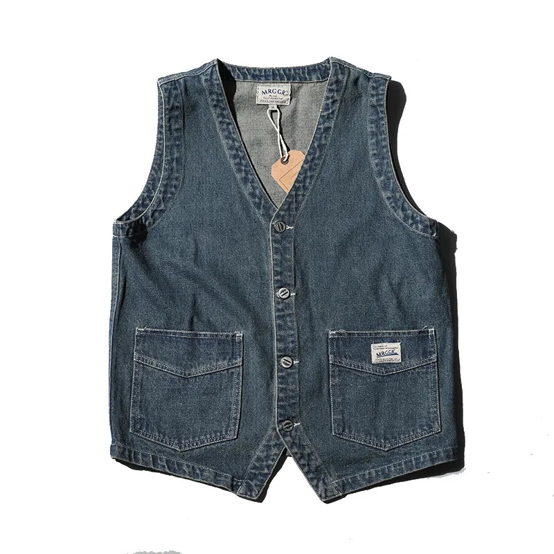 Retro Denim Vest Men Sleeveless Cargo Harajuku Style Tooling Jean Jacket Cowboy Fashion Wasitcoat Men'S Clothing