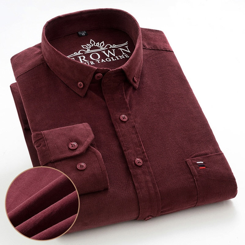 Plus Size S~7XL Corduroy Shirt Men Casual Long Sleeve Regular Fit Business Dress Shirts For Male Soft Leisur Comfortable Pocket