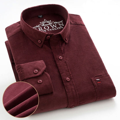 Plus Size S~7XL Corduroy Shirt Men Casual Long Sleeve Regular Fit Business Dress Shirts For Male Soft Leisur Comfortable Pocket