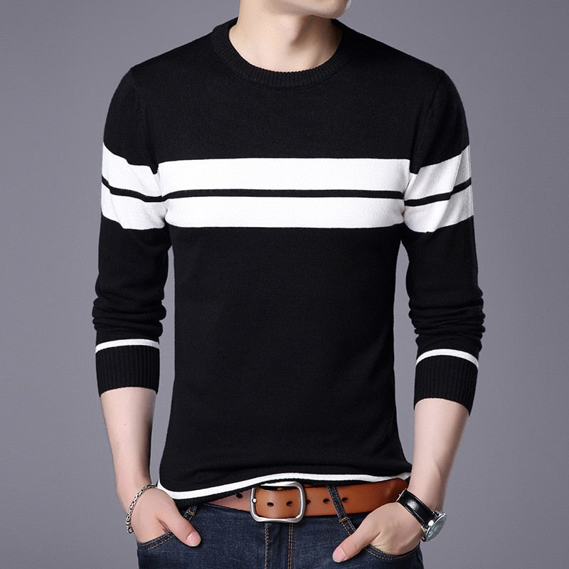 Autumn Men's Knitted Sweater T Shirt Comfy O Neck Long Sleeve Pullover Stripe Patchwork Jumper Casual Bottoming Shirt for Winter