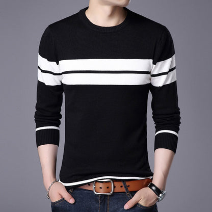 Autumn Men's Knitted Sweater T Shirt Comfy O Neck Long Sleeve Pullover Stripe Patchwork Jumper Casual Bottoming Shirt for Winter