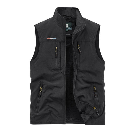 Men's Leisure Vest Solid Color Tooling Style Waistcoat Thin Fishing Hiking Multi-Pocket Casual Loose Vest for Men