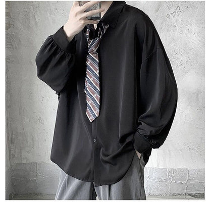 Black Long-sleeved Shirts Men Korean Comfortable Blouses Casual Loose Single Breasted Shirt With Tie