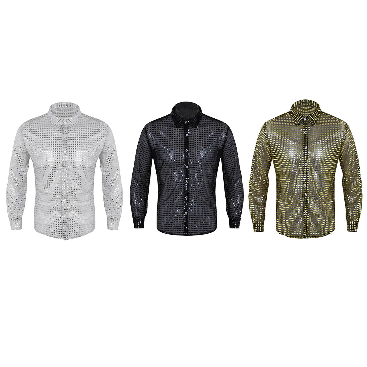 Men Casual Slim Fit Shiny Gold Sequins See Through Mesh Shirt Prom Tops Night Club Wear Disco Shirt Dance Performance Tops