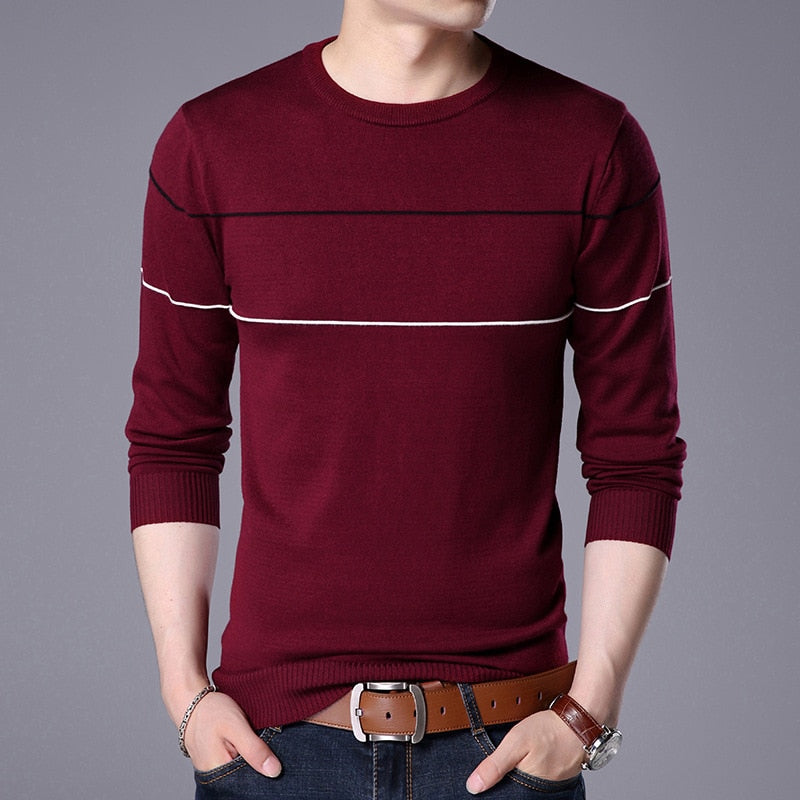 Autumn Men's Knitted Sweater T Shirt Comfy O Neck Long Sleeve Pullover Stripe Patchwork Jumper Casual Bottoming Shirt for Winter