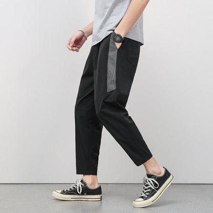 Korean Summer Men'S Thin Splicing 9-Point Pants Ice Silk Ventilation Trend Straight Tube Loose Elastic Legged Casual Trousers