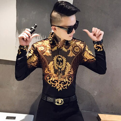 Luxury Paisley Black Gold Printed Shirt Men's Royal Club Clothing Korean Men's Long Sleeve Slim Long Sleeve Shirt Tuxedo Shirt