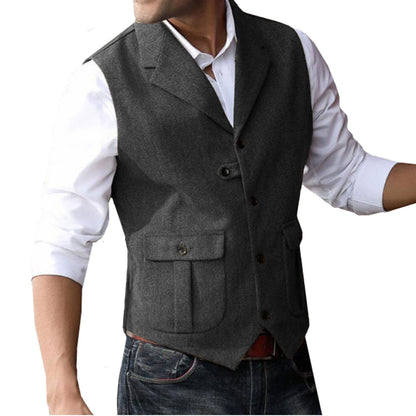 Men's 5 Button Herringbone Tweed Tailored Collar Suit Vest 2 Pockets Casual Victorian Style