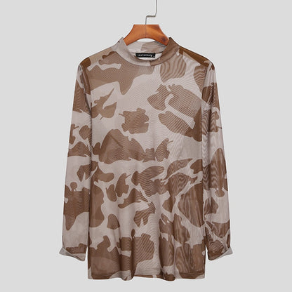 Men T Shirt Turtleneck Mesh Transparent Printed Sexy Long Sleeve Fitness Party Camisetas Streetwear Undershirt