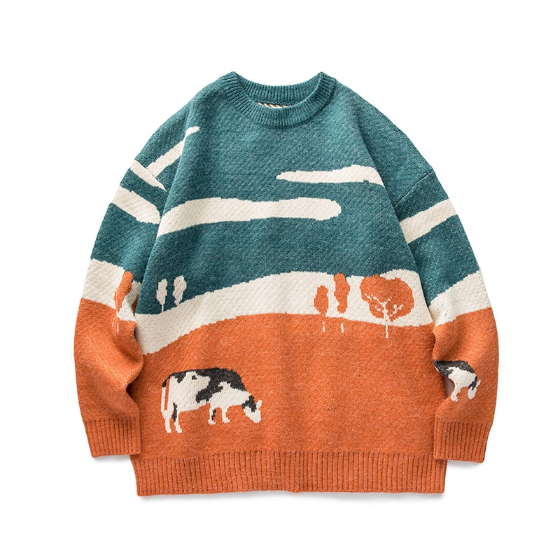 Men Cows Vintage Winter Sweaters Pullover Mens O-Neck Korean Fashions Sweater Women Casual Harajuku Clothes