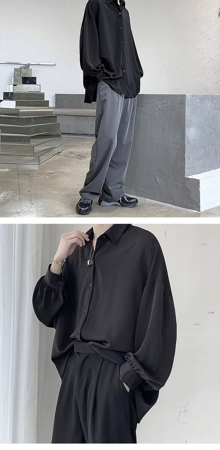 Black Long-sleeved Shirts Men Korean Comfortable Blouses Casual Loose Single Breasted Shirt With Tie