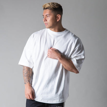 New Summer Running Oversized T-Shirt Men's Gym Bodybuilding Fitness Loose Casual Cotton Short Sleeve Men's Street Sports T-Shirt
