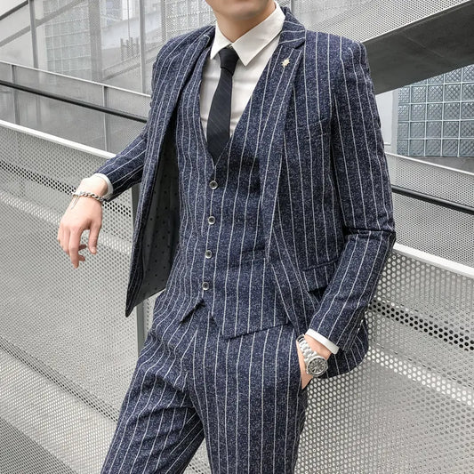 saferido Striped men's suit 3-Pieces Blazers+Pant Fashion Korean Slim Fit Casual men's tuxedo wedding men suits groom suit men's business