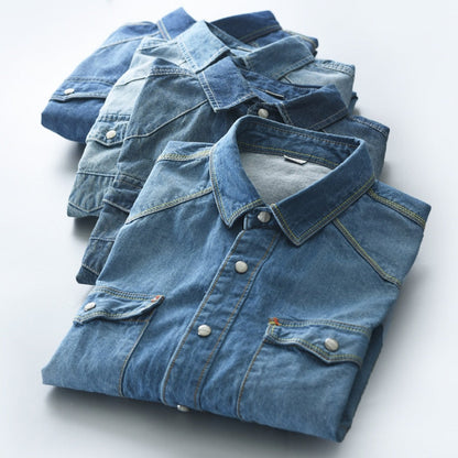 Men's long-sleeved solid denim shirt fashion brand Classic retro denim Pocket decoration Business shirt Spring and Autumn Tops