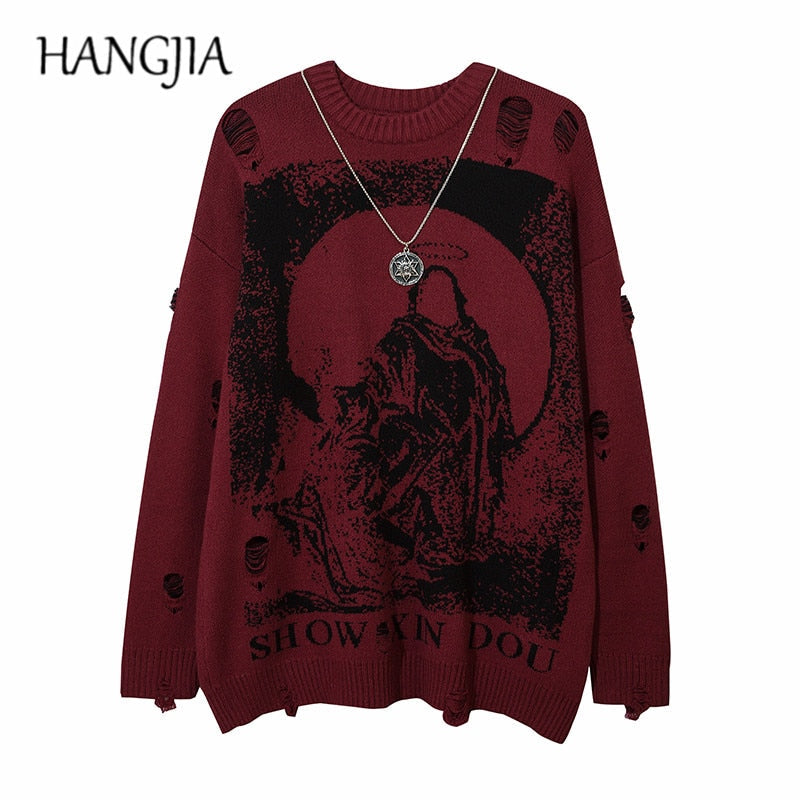 Harajuku Printed Knitwears Women Streetwear Hip Hop Destroyed Hole Ripped Pullovers Jumper Oversized Men
