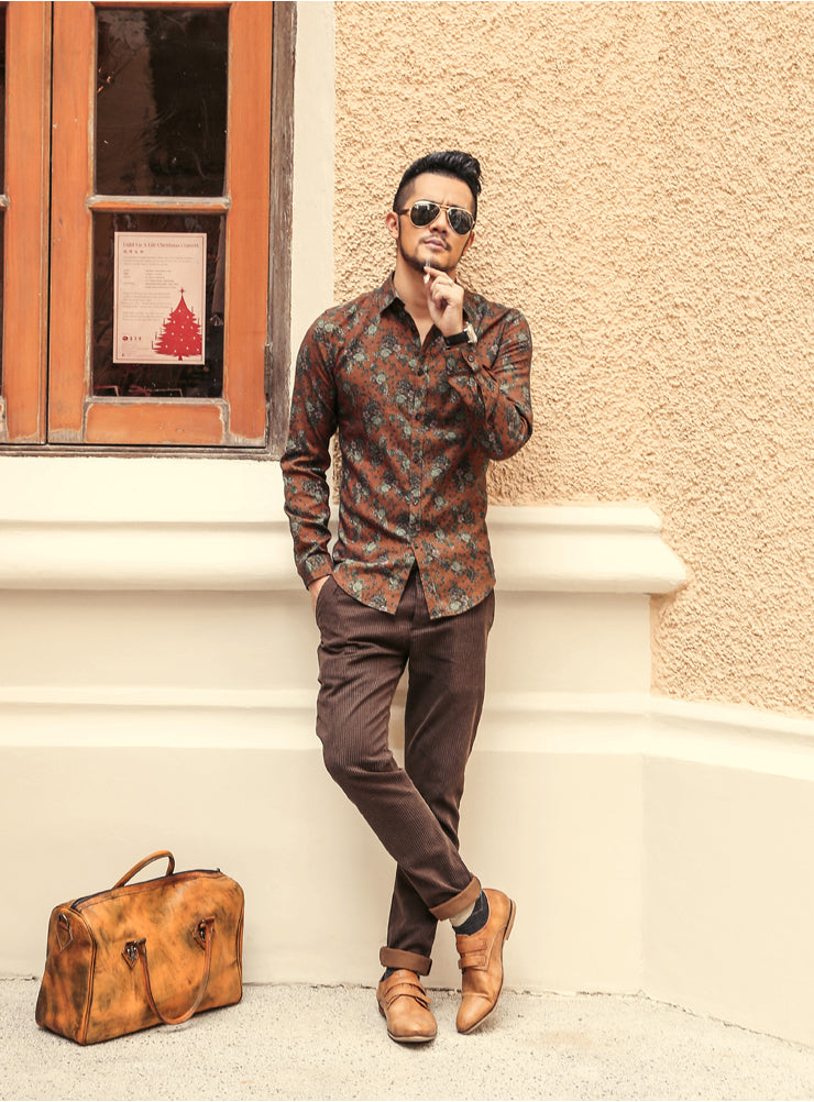 Autumn Men's Long Sleeve Shirt Lapel Print Shirts for Men Classic Vintage Shirt Casual Streetwear Tops Slim Fit Handsome Blouse