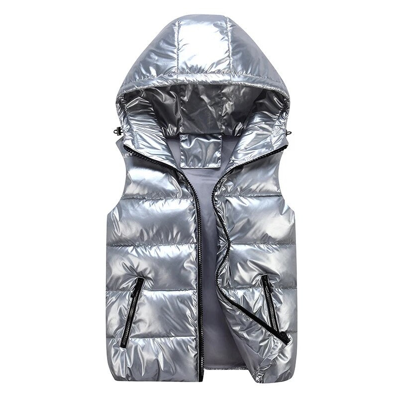 Men's Vest Winter Fashion Silver Male Cotton-Padded Hooded Coats Sleeveless Jackets Casual Thick Waistcoats Mens Clothing