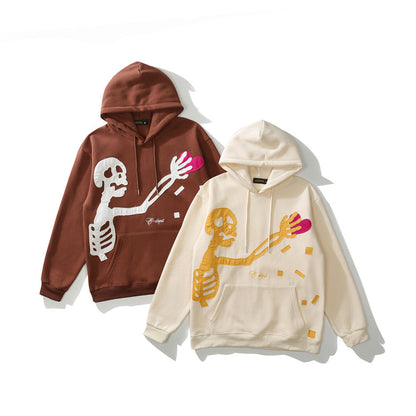 Embroidery Skull Heart Patchwork Brown Cotton Hoodies Men Harajuku Sweatshirt Fleece Punk Hooded Pullover Vintage Clothes