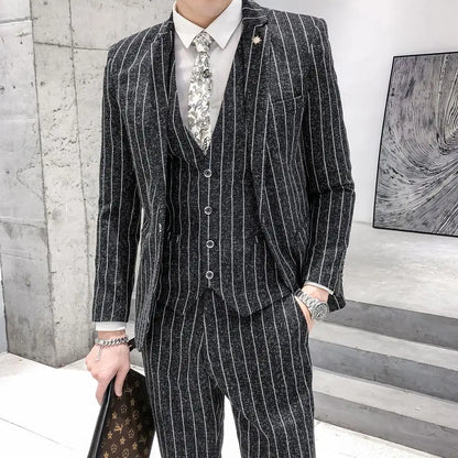 saferido Striped men's suit 3-Pieces Blazers+Pant Fashion Korean Slim Fit Casual men's tuxedo wedding men suits groom suit men's business