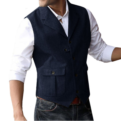 Men's 5 Button Herringbone Tweed Tailored Collar Suit Vest 2 Pockets Casual Victorian Style