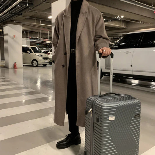 saferido Winter Men Thick Woolen Dust Coats Korean Style Streetwear Male Loose Solid Color Warm Trenchcoat High Quality Men's Windbreak